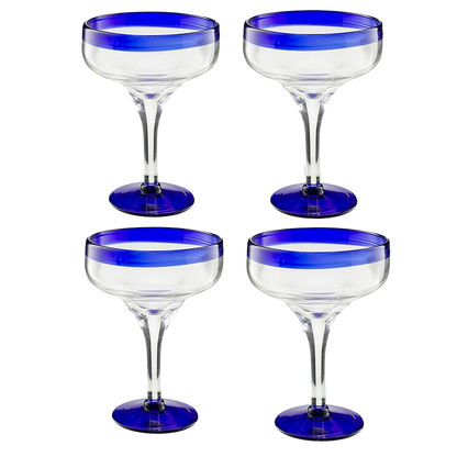 Hand Blown Blue Rim Mexican Glass 16oz Set of 4