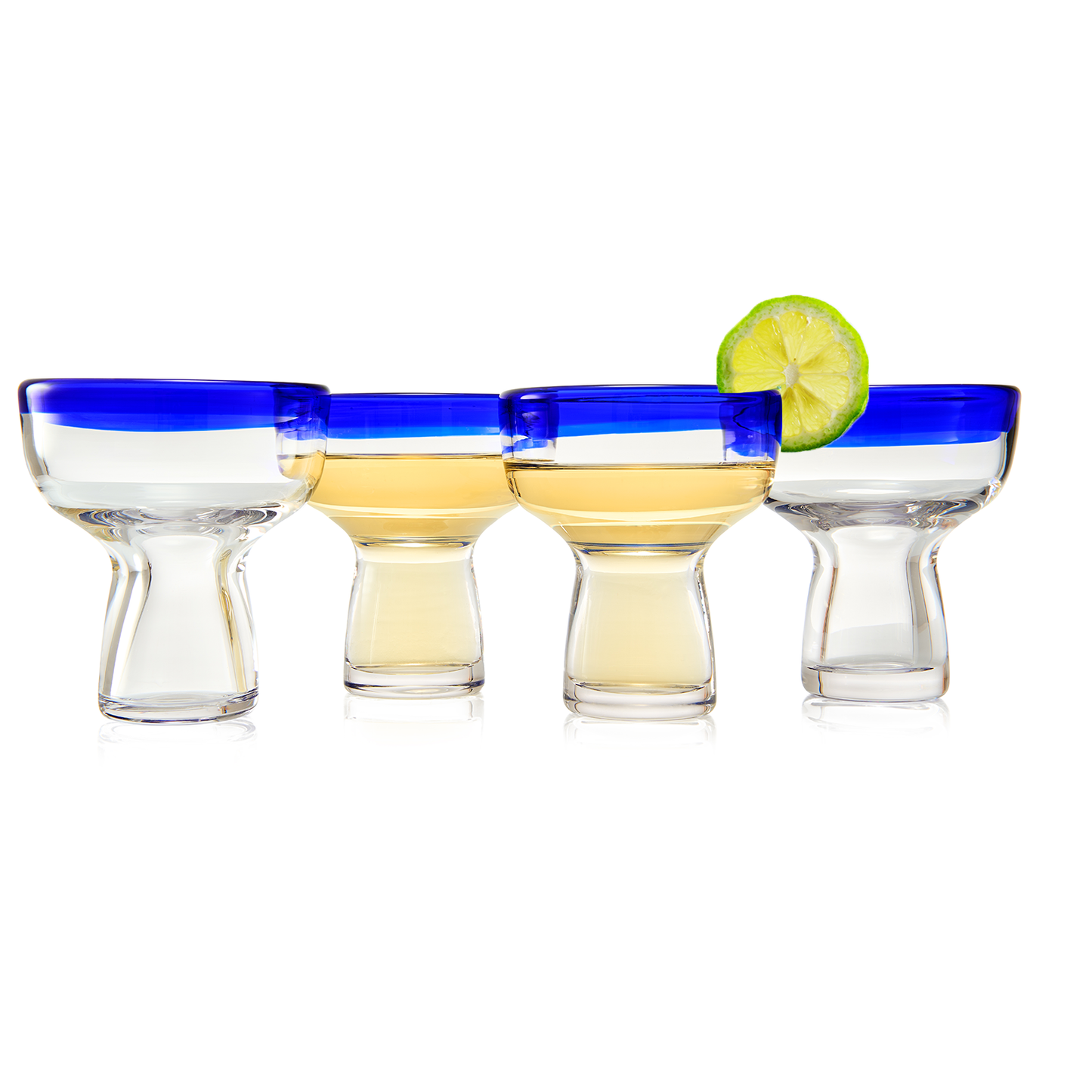 Hand Blown Blue Rim Mexican Margarita Glasses Set of 4