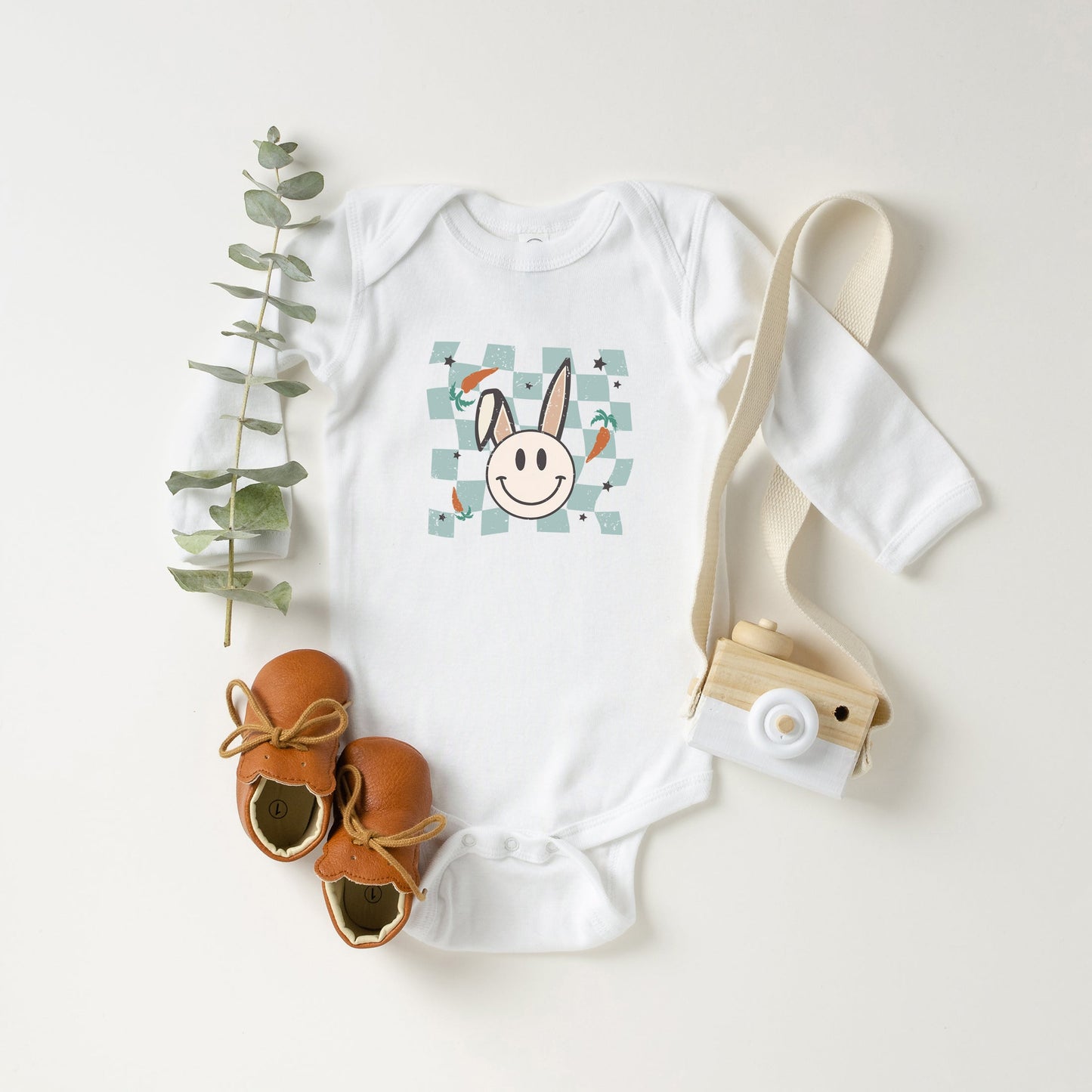 Checkered Smiley Easter Bunny Baby Long Sleeve Onesie