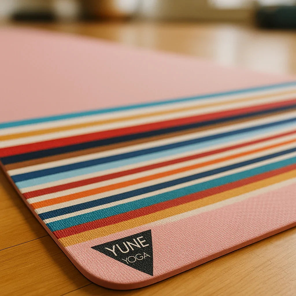 Yoga mat with colorful stripes and Yune Yoga logo on a wooden floor