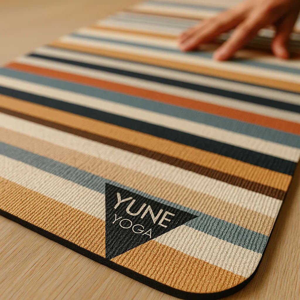 YUNE YOGA striped yoga mat with a hand touching it on a wooden surface