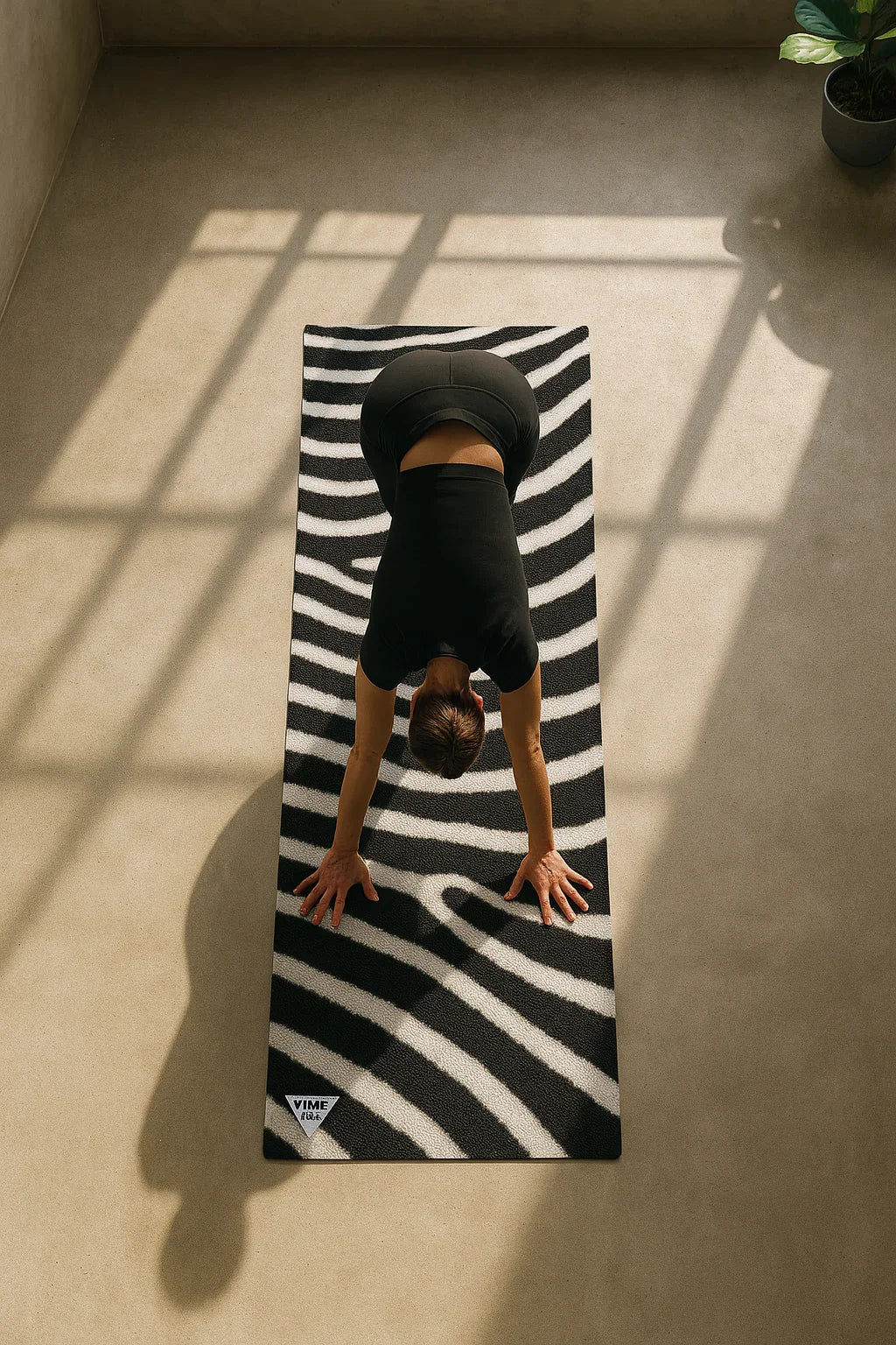Person practicing yoga on a black and white striped mat with a plant in the corner.