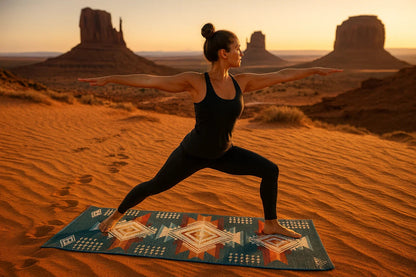 Woman practicing yoga on a colorful mat with Monument Valley in the background