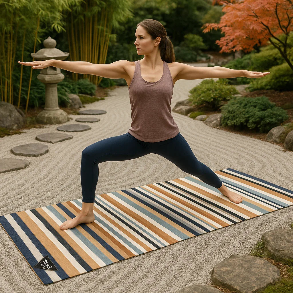 Woman practicing yoga on a striped mat in a garden setting