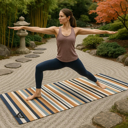 Woman practicing yoga on a striped mat in a garden setting