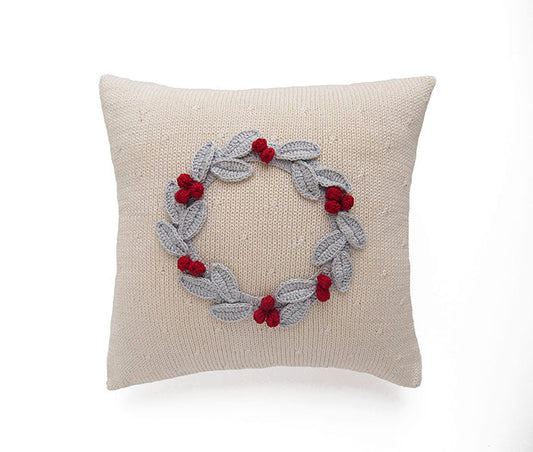 Grey Wreath with Berries 10" Pillow, Ecru by Melange Collection