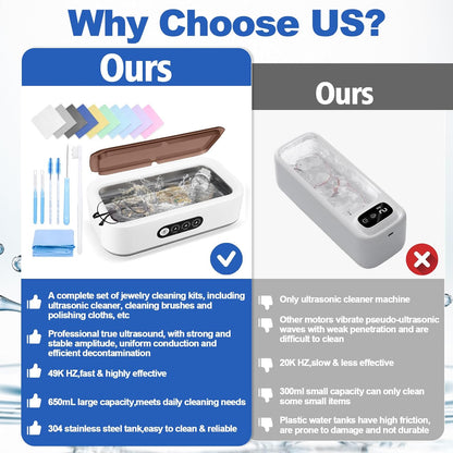 Jewelry Cleaning Kit-Ultrasonic Cleaner Machine(49K Hz,3 Modes),Gap Cleaning Brush and Polishing Cleaning Cloth for All Jewelry,Ring,Gold,Diamond,Earring,Sterling Silver,Eyeglass,Dentures