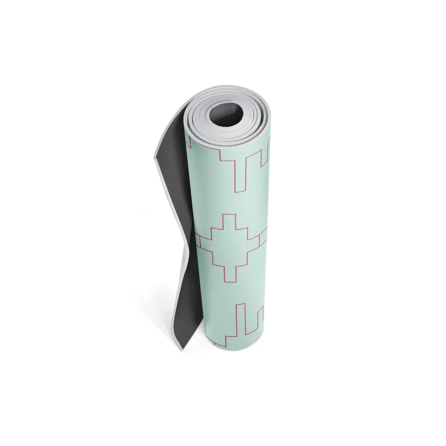 Roll of yoga mat with geometric design on a white background