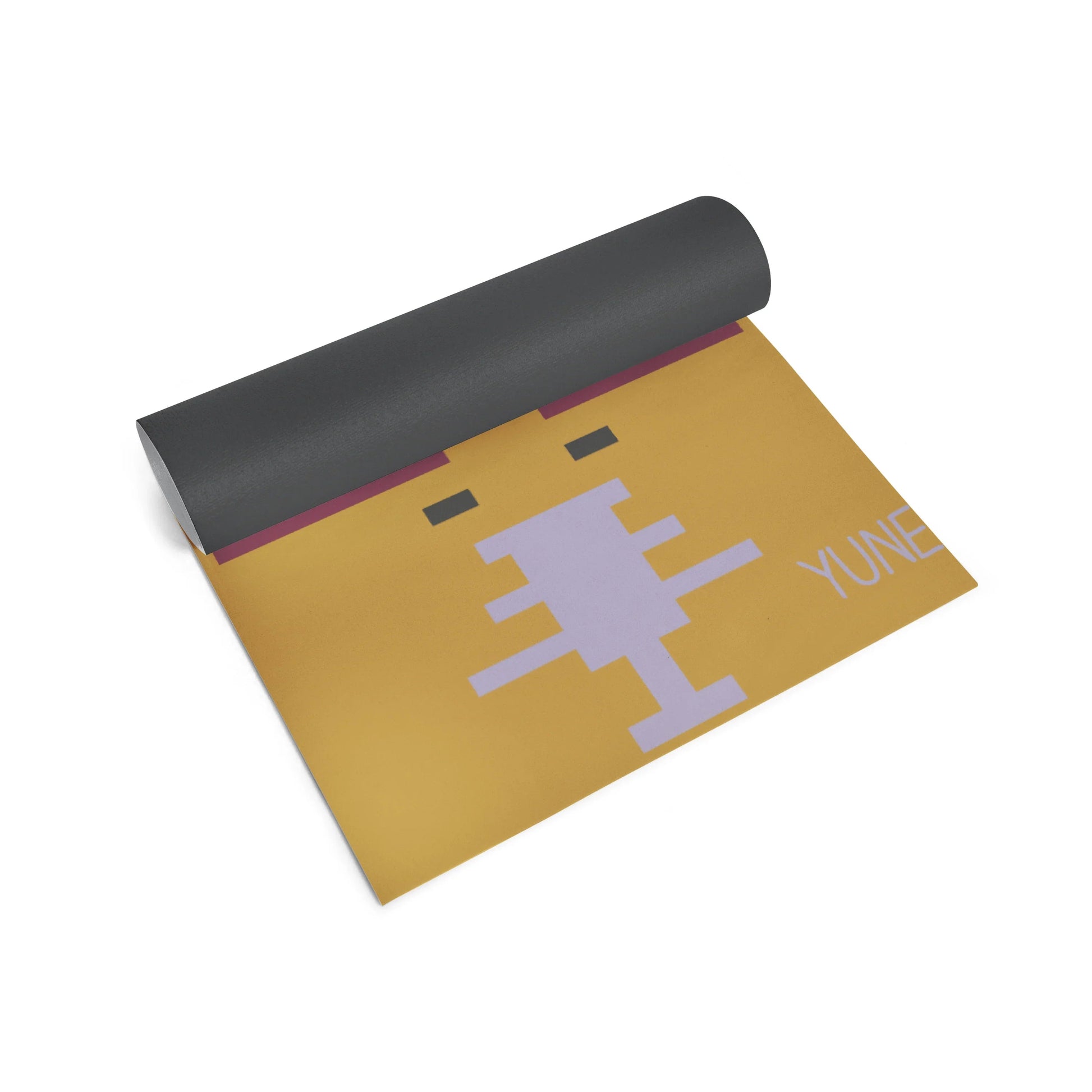 Yoga mat with geometric design and 'Yuna' branding on a white background