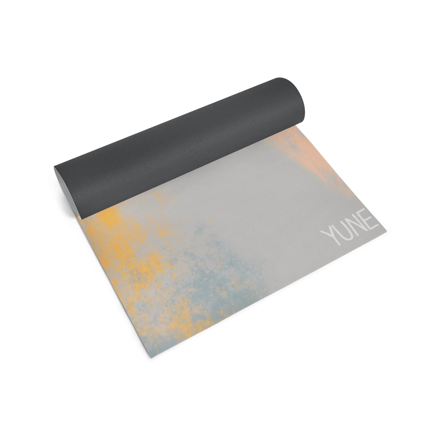 Yoga mat with gradient design and 'YUN' branding on a white background