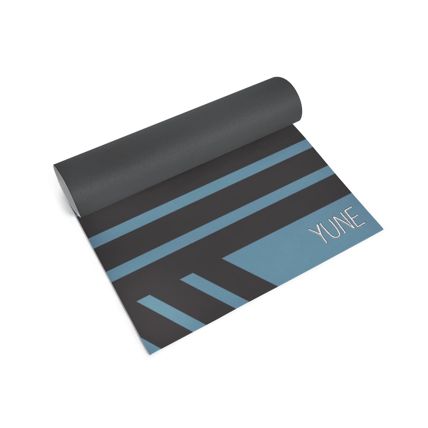 Yoga mat with blue stripes and 'YUNE' branding on a white background