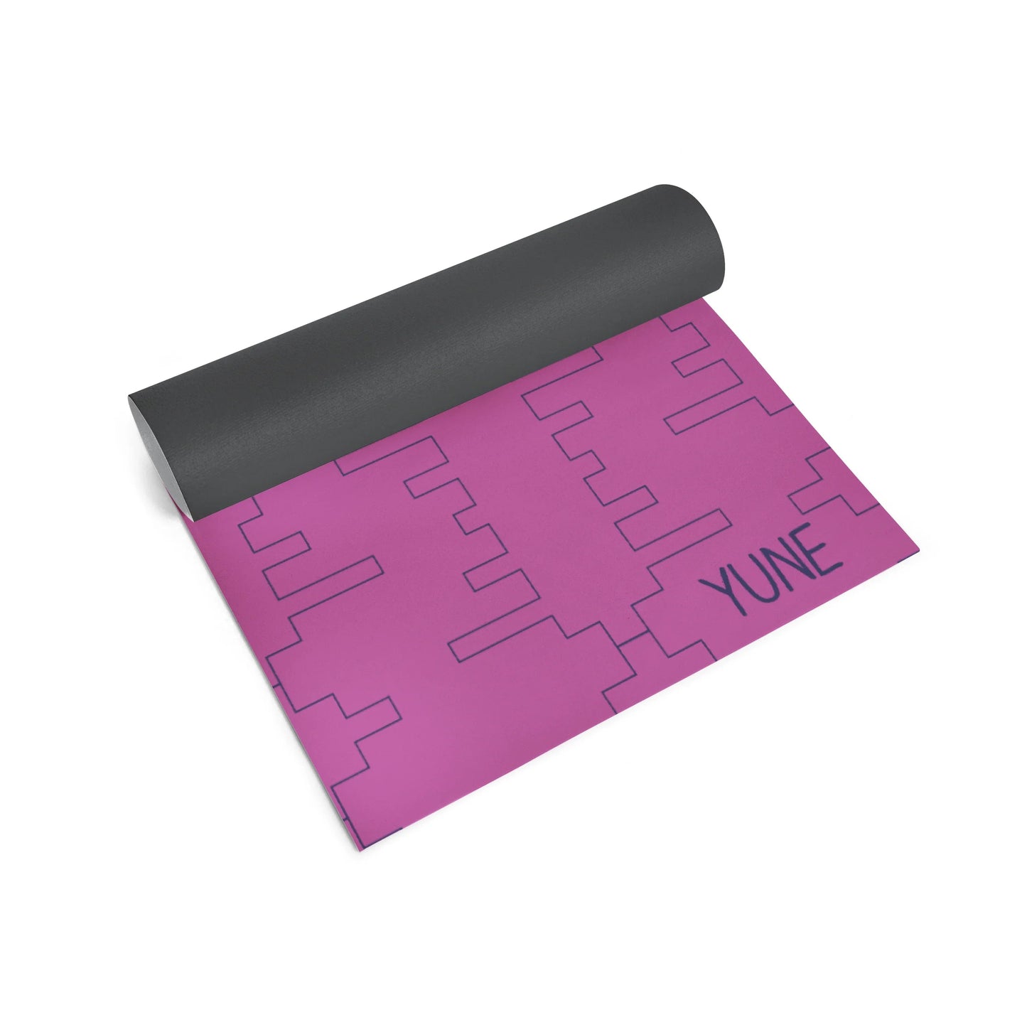 Pink and black yoga mat with 'YUNE' branding on a white background