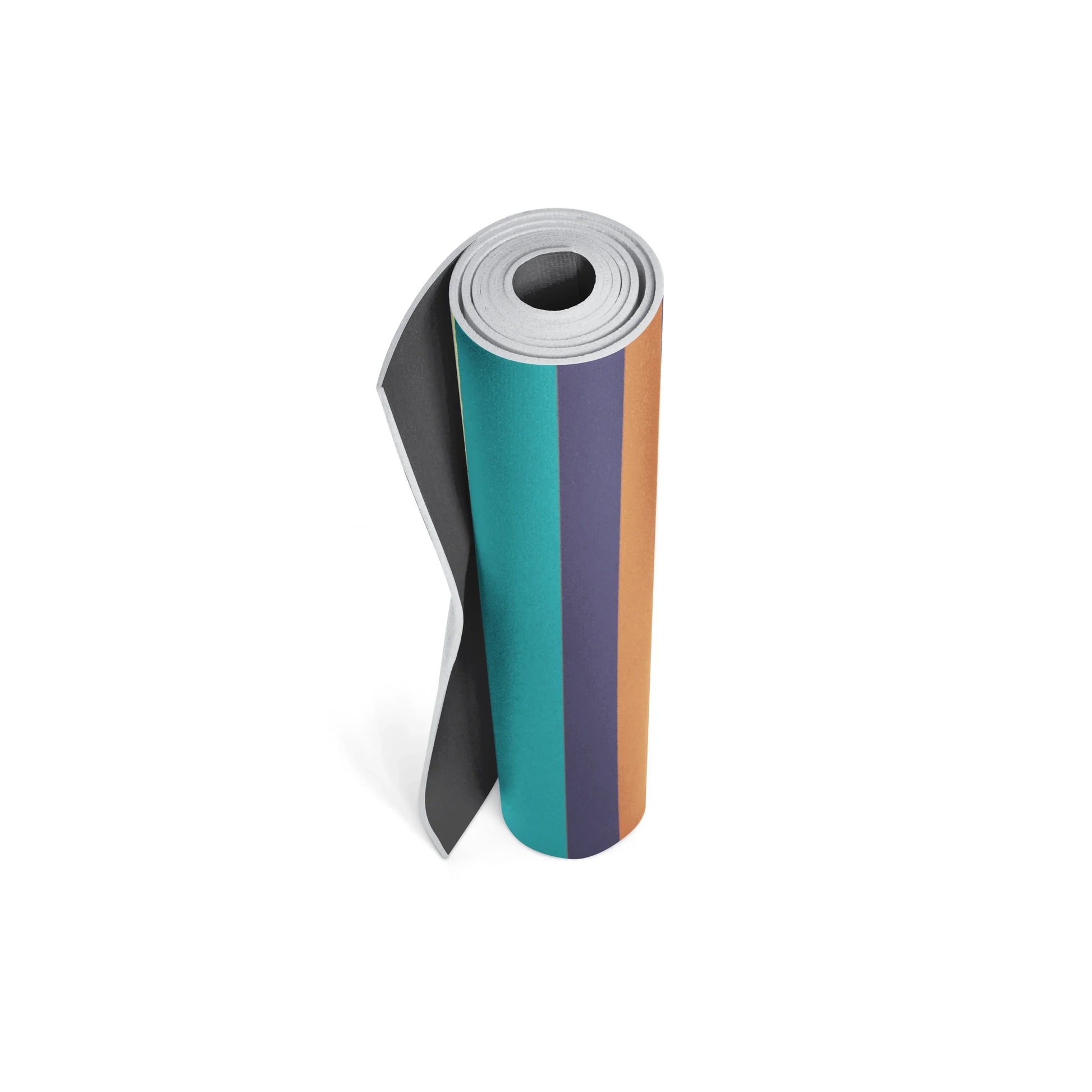 Roll of colorful paper with black, teal, purple, and orange stripes on a white background
