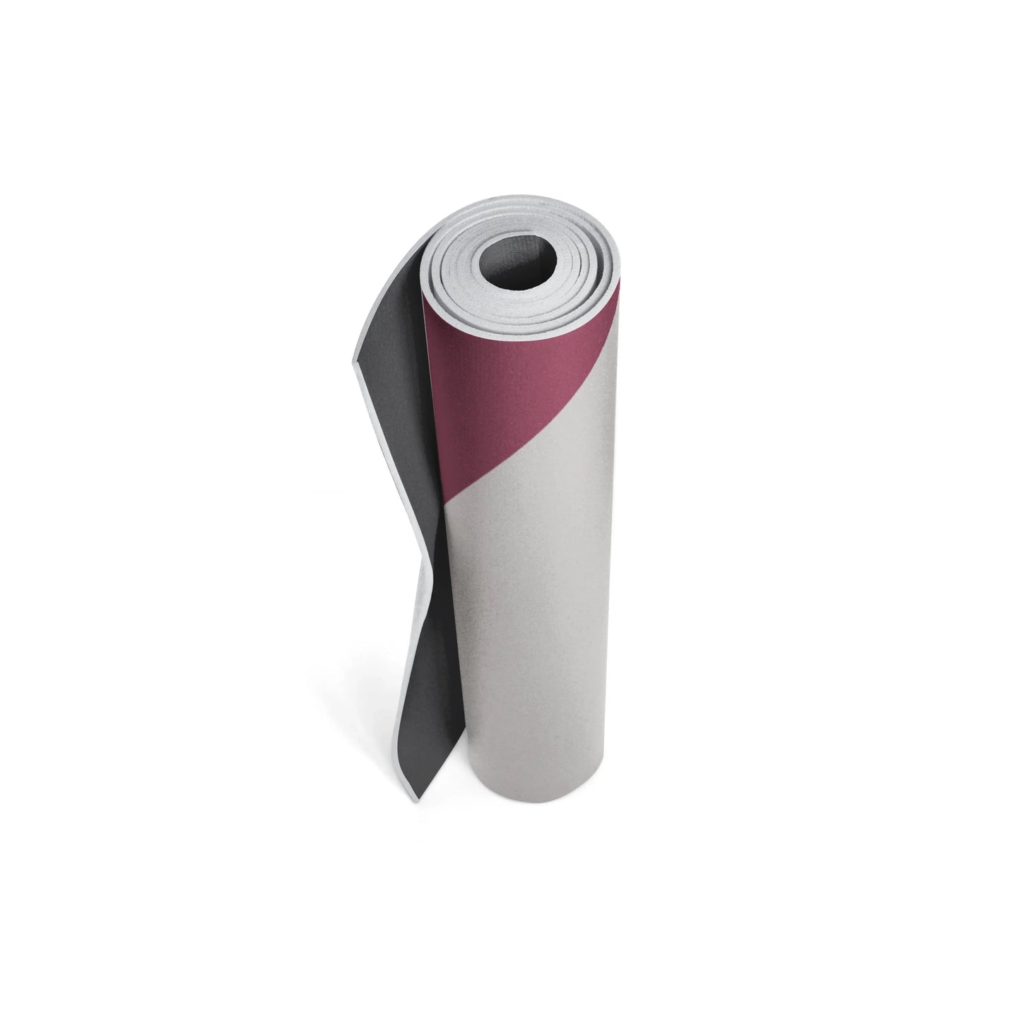 Roll of gray and pink yoga mat on a white background