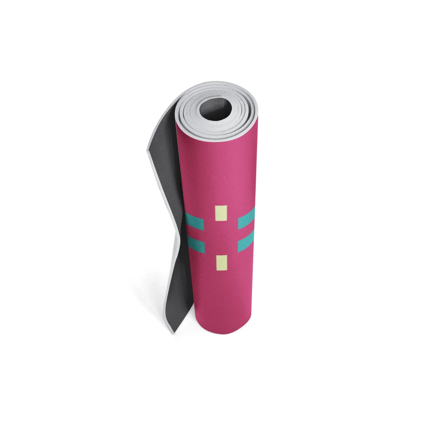 Pink yoga mat with black and teal design on a white background