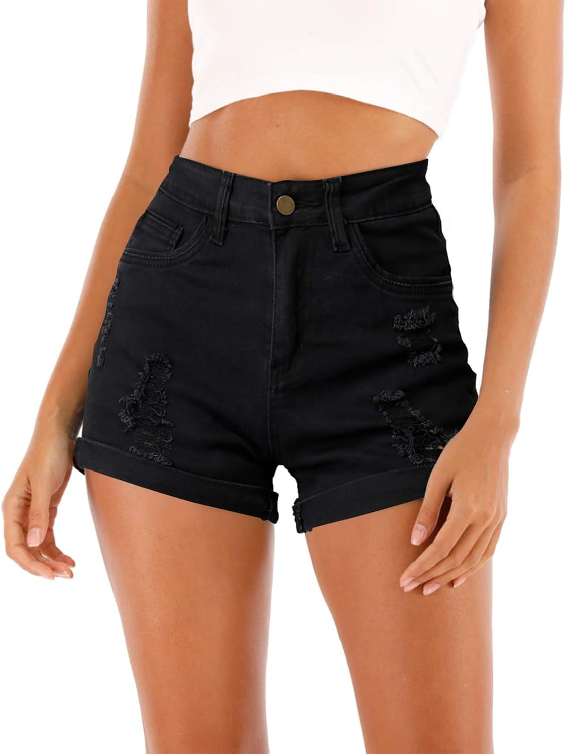 Women'S Summer Casual Denim High Waisted Folded Hem Distressed Ripped Jeans Shorts