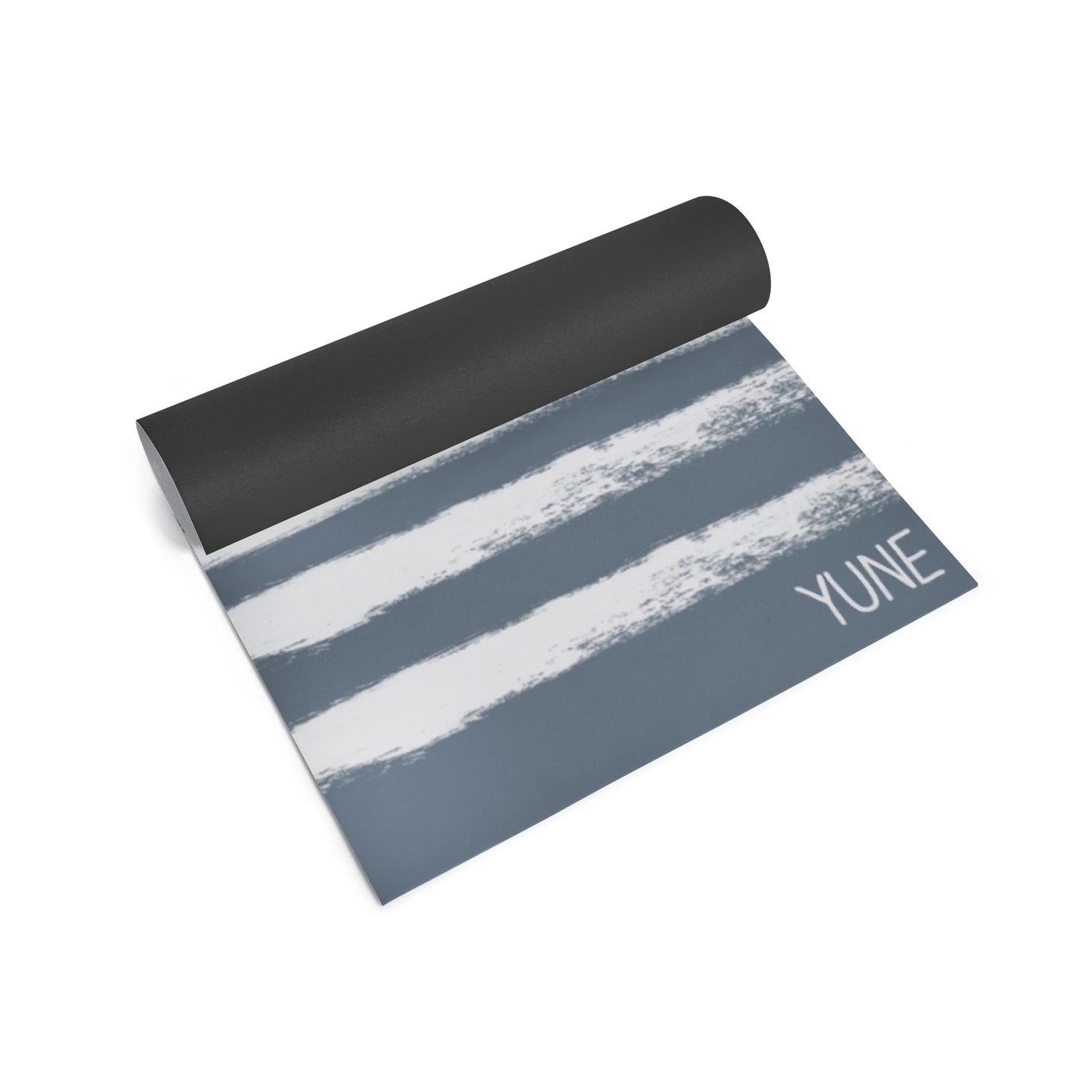 Yoga mat with black top and gray bottom with white stripes, featuring the brand 'YUNE'.
