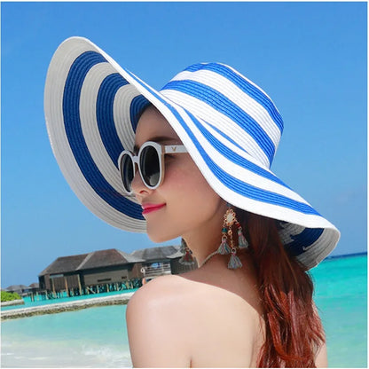 Hot Women'S Casual Straw Hats Girls Outdoor Striped Patchwork Paper Sun Hats New Summer Adult Flap Large Brim Beach Cap Gorras