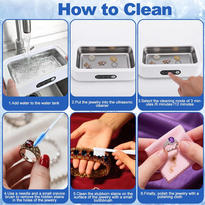 Jewelry Cleaning Kit-Ultrasonic Cleaner Machine(49K Hz,3 Modes),Gap Cleaning Brush and Polishing Cleaning Cloth for All Jewelry,Ring,Gold,Diamond,Earring,Sterling Silver,Eyeglass,Dentures