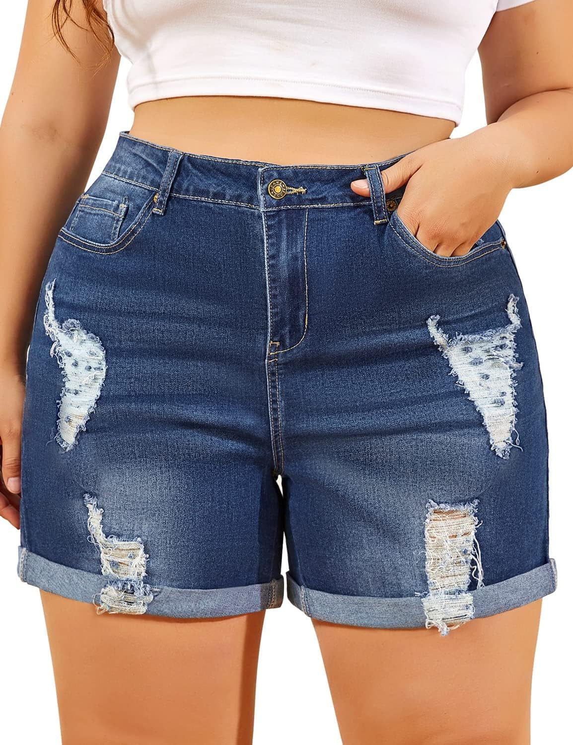 Women'S plus Size Denim Shorts High Waist Ripped Distressed Stretch Jean Shorts