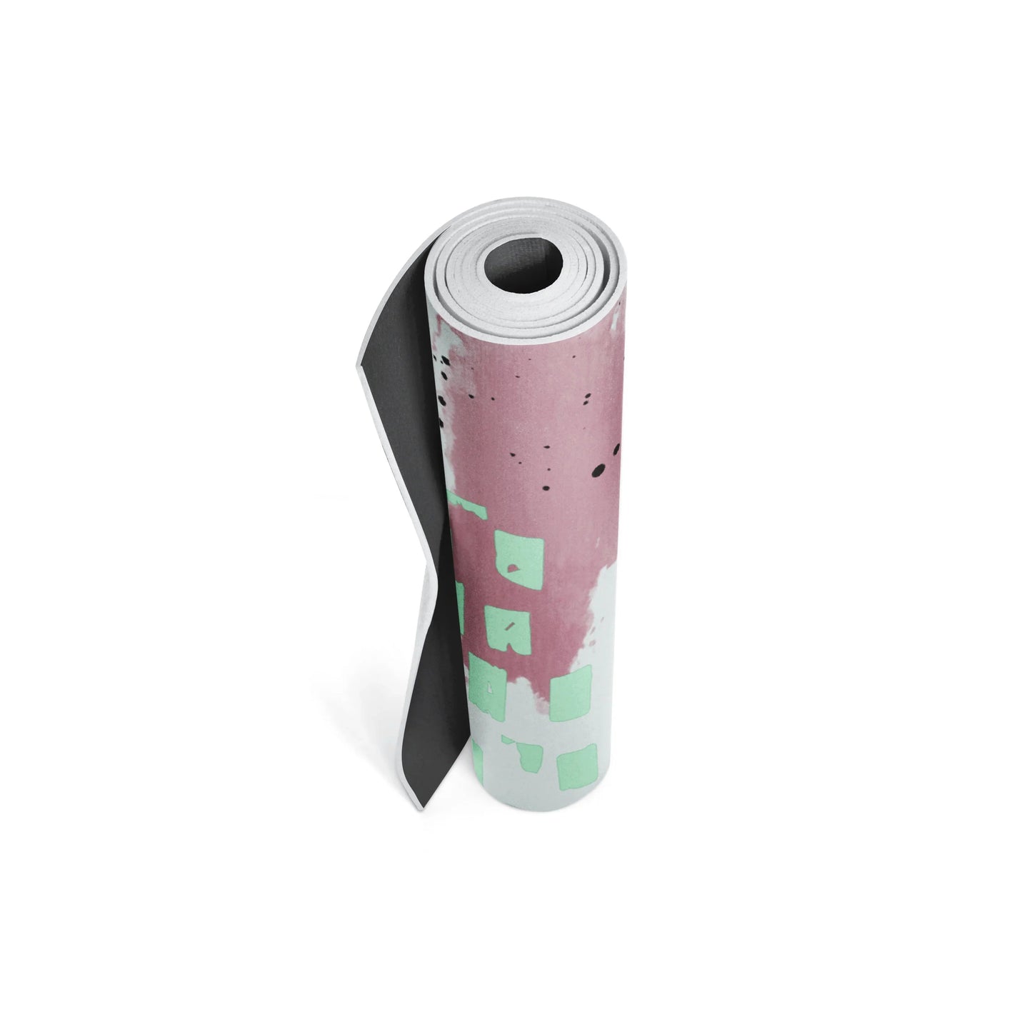Rolled-up yoga mat with pink and black design on a white background