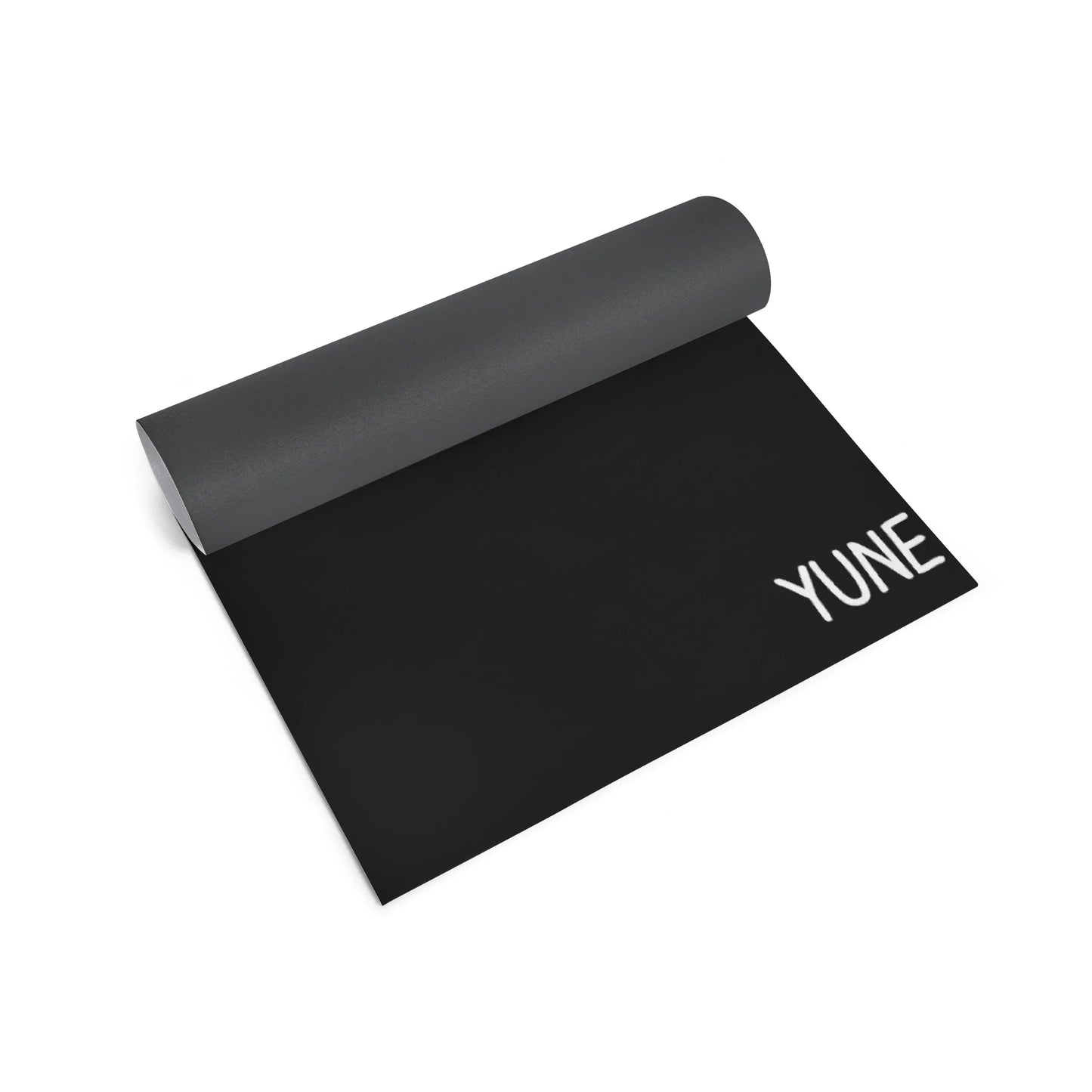 Black yoga mat with 'YUNE' branding on a white background