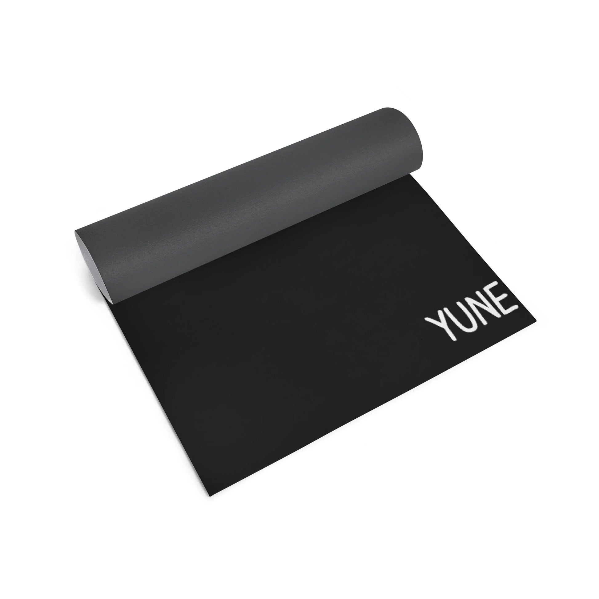 Black yoga mat with 'YUNE' branding on a white background