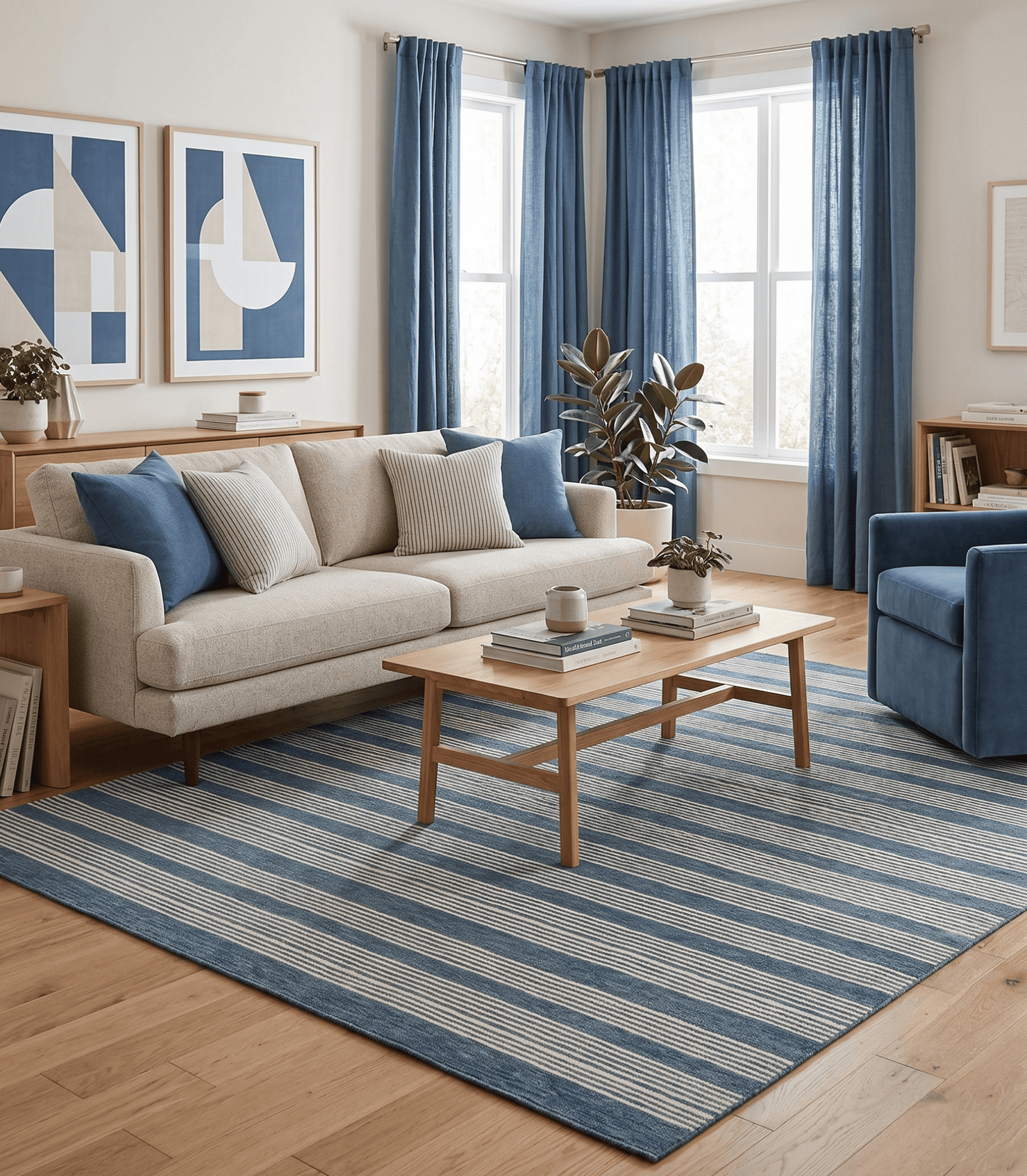 Blue Modern Stripes Pattern Hand Tufted Wool Area Rug