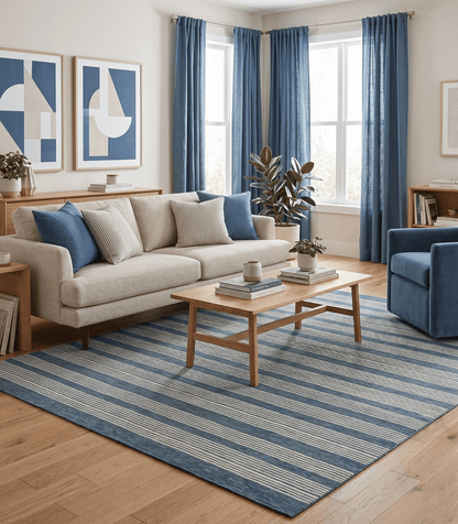 Blue Modern Stripes Pattern Hand Tufted Wool Area Rug