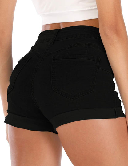 Women'S Summer High Waisted Denim Shorts Folded Hem Casual Short Jeans