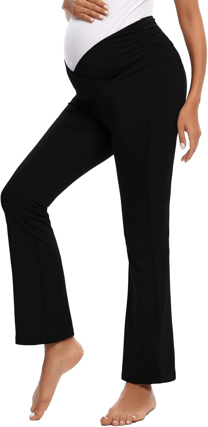 Maternity Pants for Women Bootcut Leg Pregnant Yoga Pants under the Belly for Workout, Office Black
