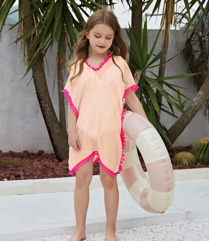 Girls Swim Cover up Beach Swimwear Coverup Swimsuit Wraps with Pom Pom Trim
