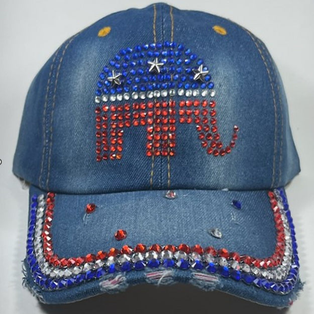 Republican Rhinestone Distressed Denim Hat