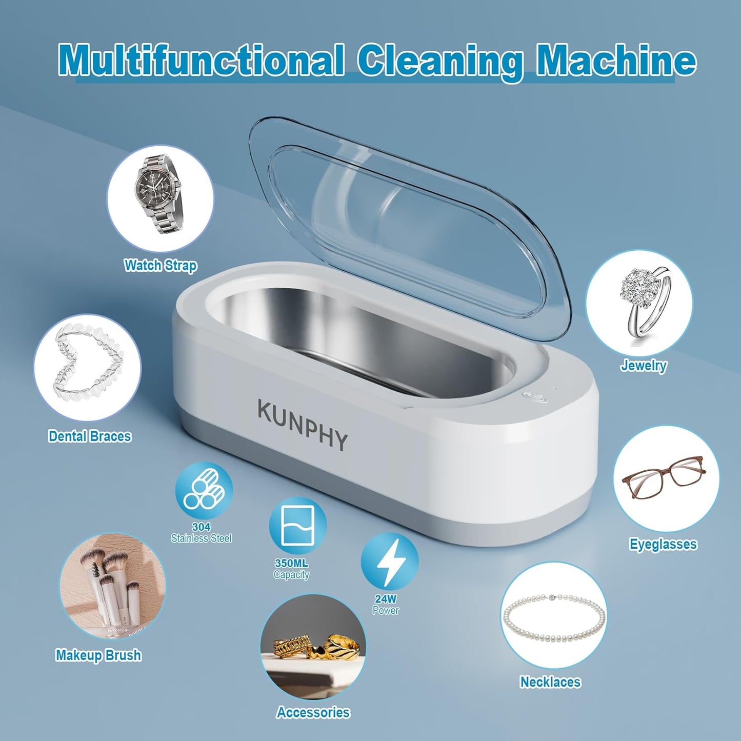 Ultrasonic Jewelry Cleaner, Jewelry Cleaner Machine 12Oz 46Khz, Professional Sonic Cleaner with One-Touch Operation, Sonic Cleaner for Rings, Glasses, Jewelry, Dentures White