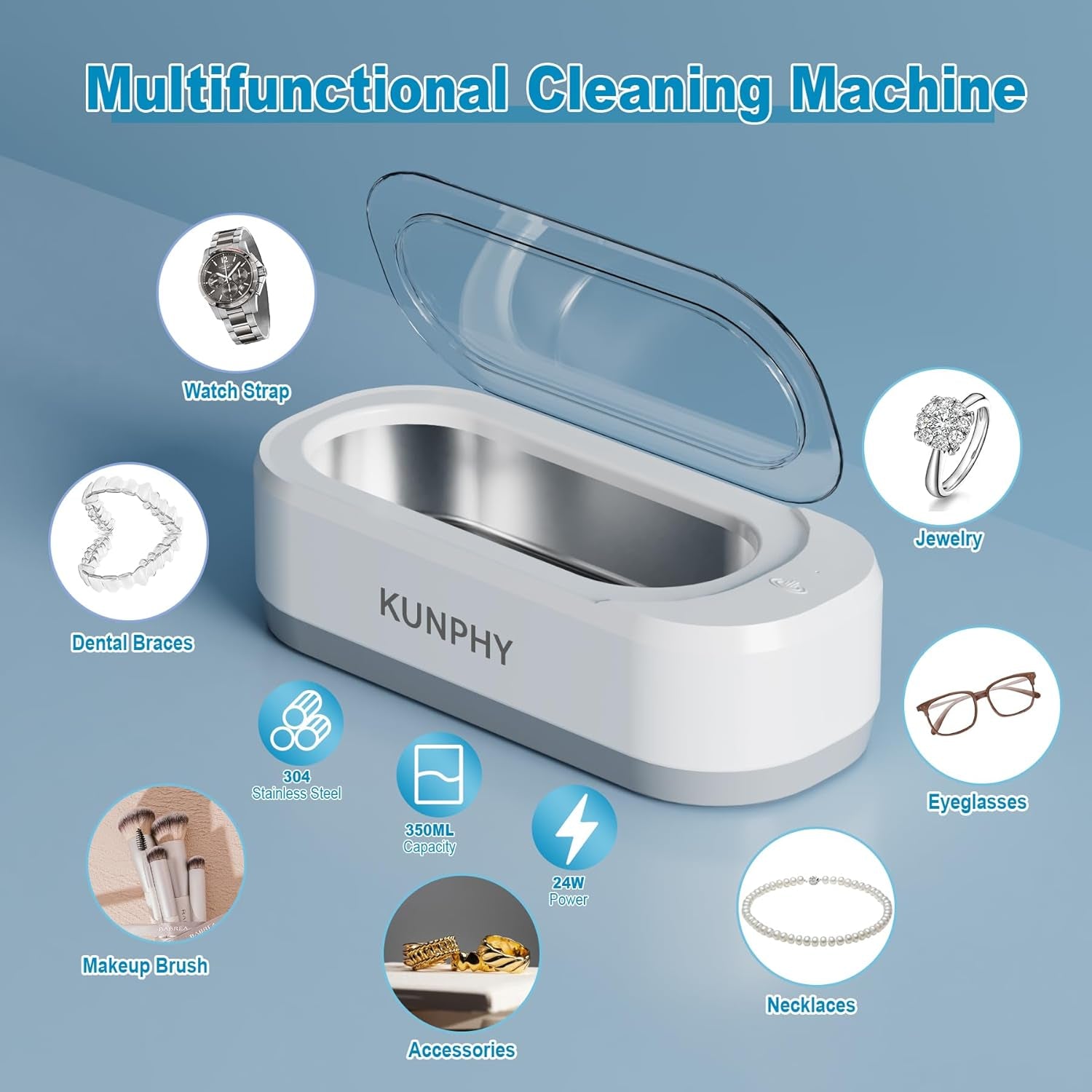 Ultrasonic Jewelry Cleaner, Jewelry Cleaner Machine 12Oz 46Khz, Professional Sonic Cleaner with One-Touch Operation, Sonic Cleaner for Rings, Glasses, Jewelry, Dentures White