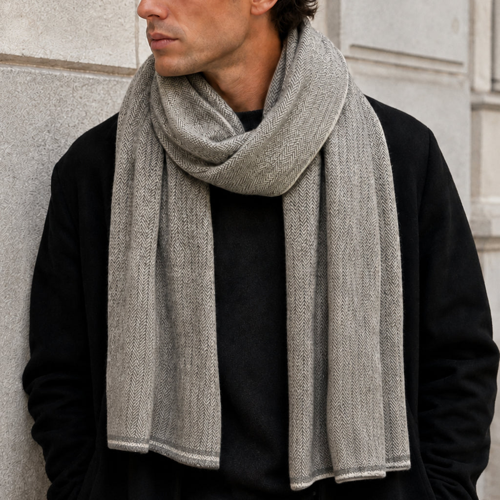 Charcoal Herringbone Cashmere Scarf