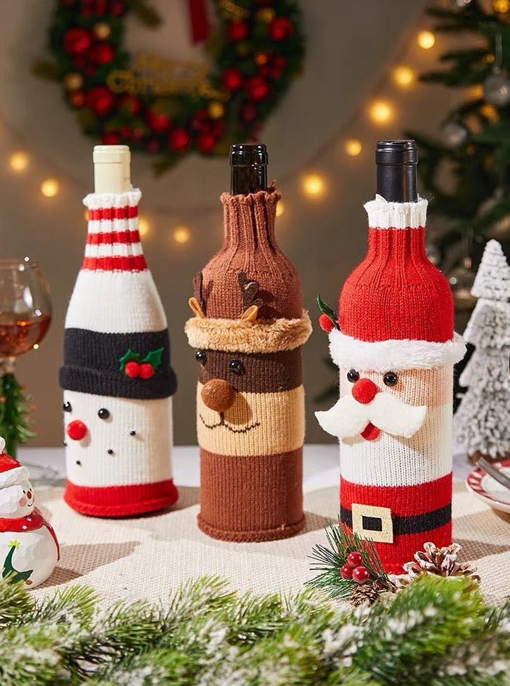 Cute Knitted Christmas Wine Bottle Cover Sleeves Set of 3 Pcs ( $10 Each ) for Table Setting by INSPECIAL HOME