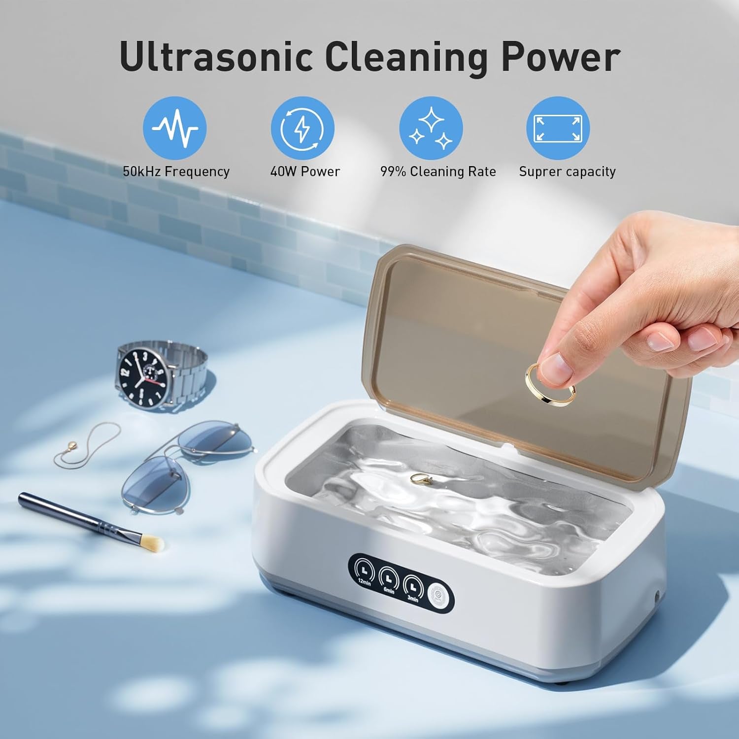 Ultrasonic Retainer Cleaner for Tooth: 50Khz Jewelry Cleaner Deep Cleaning Machine - 650ML Dental Cleaning Pod for Dentures/Mouth Guards/Eyeglasses-3 Timers -Stainless Steel, Reliable Use