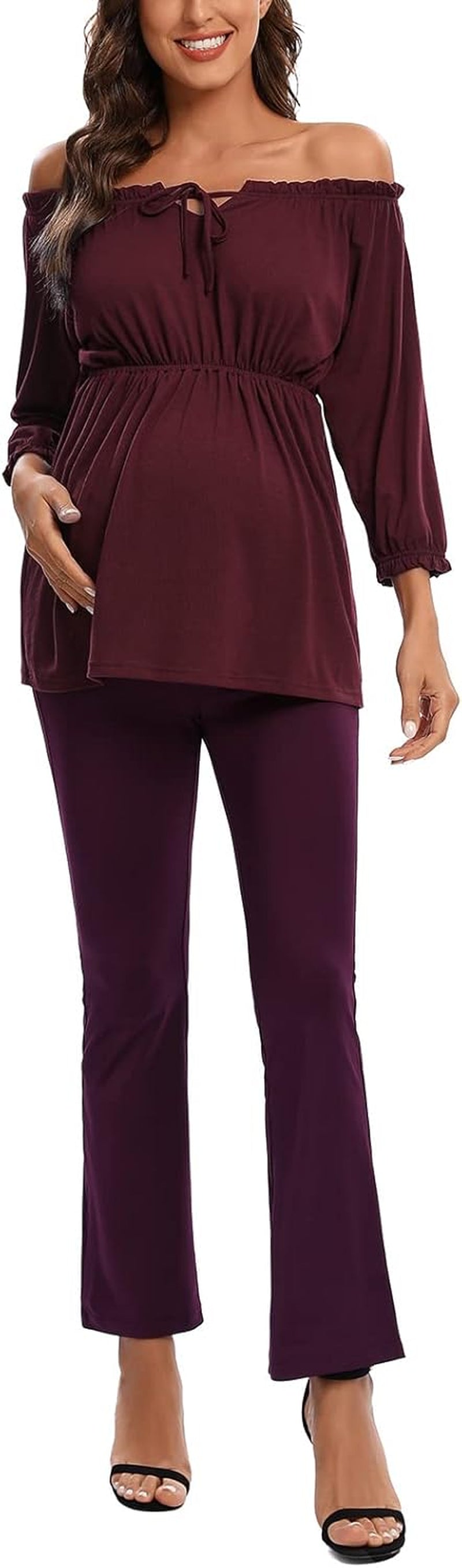 Maternity Pants for Women Bootcut Leg Pregnant Yoga Pants under the Belly for Workout, Office Purple