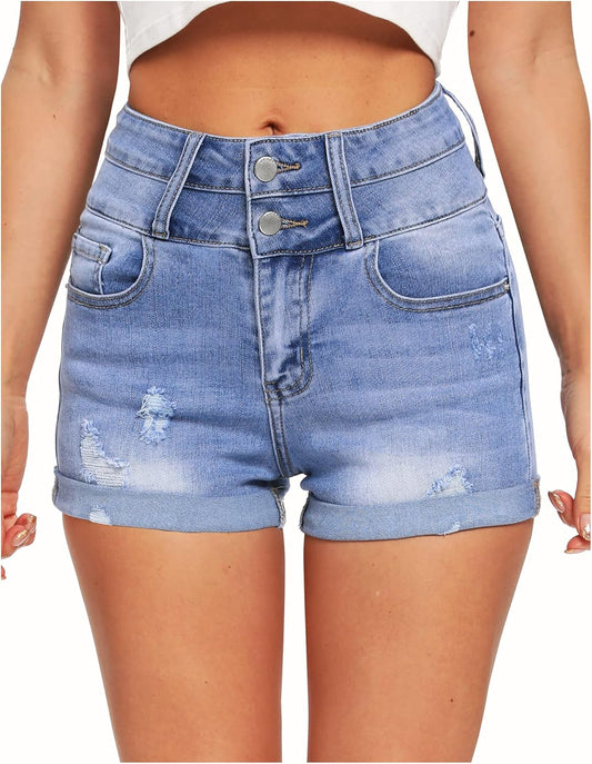 Women'S High Waisted Denim Shorts Stretchy Roll Cuff Hem Shorts Comfy Distressed Jean Short (16, 03 Light Blue)