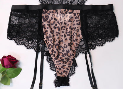 Plus Size Lingerie for Women Sexy Lingerie Leopard Mesh One-Piece Teddy Black Bodysuit with Garter Belts
