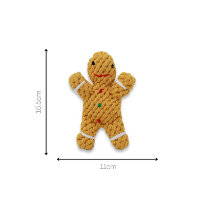 Handwoven gingerbread man pet toy made from durable cotton rope. Ideal for dogs and cats to chew, play, and enjoy. A festive and sturdy addition to your pet's toy collection.