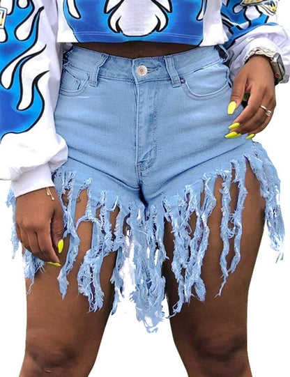 Women High Waist Denim Shorts Frayed Raw Tassel Hem Stretch Hot Jean Shorts