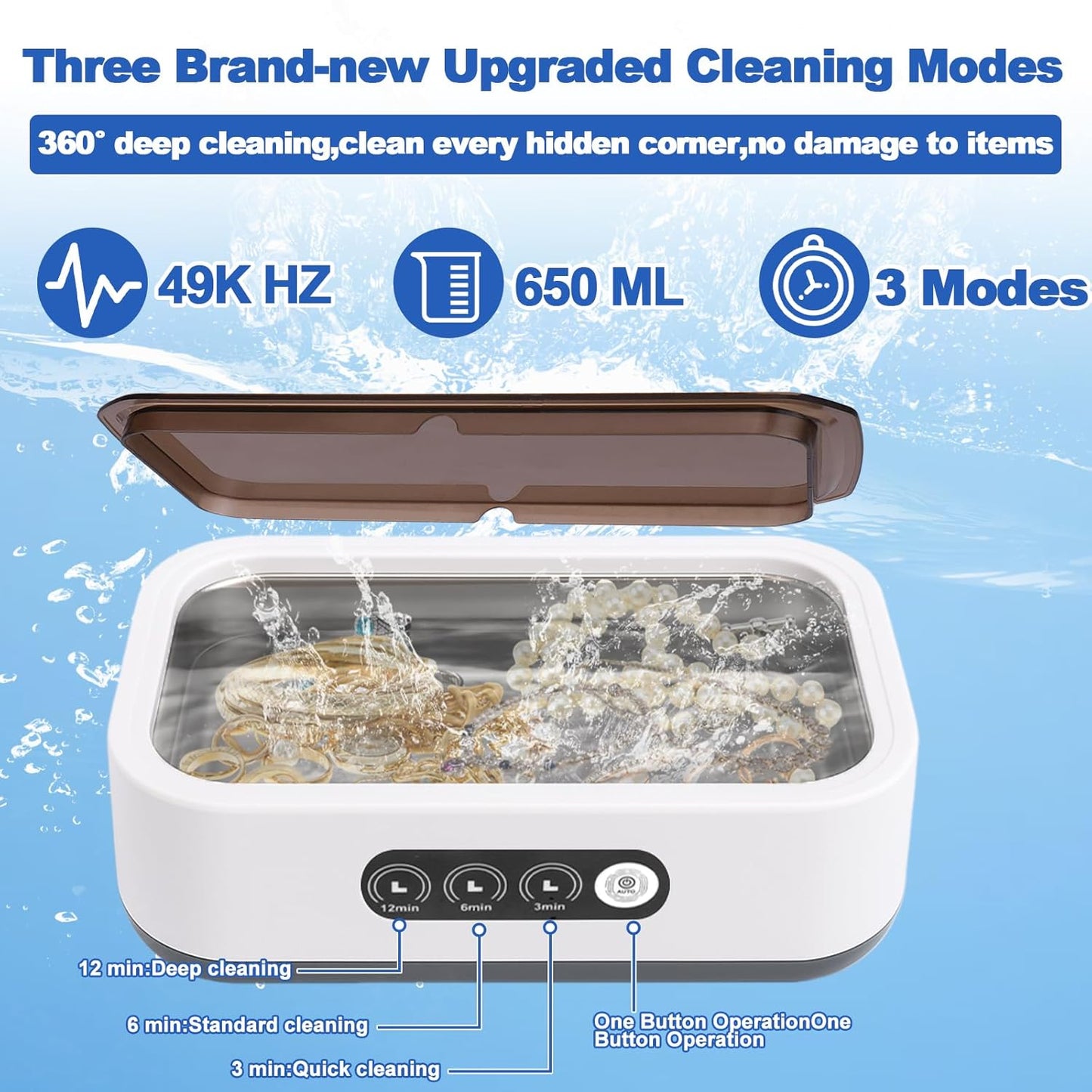 Jewelry Cleaning Kit-Ultrasonic Cleaner Machine(49K Hz,3 Modes),Gap Cleaning Brush and Polishing Cleaning Cloth for All Jewelry,Ring,Gold,Diamond,Earring,Sterling Silver,Eyeglass,Dentures