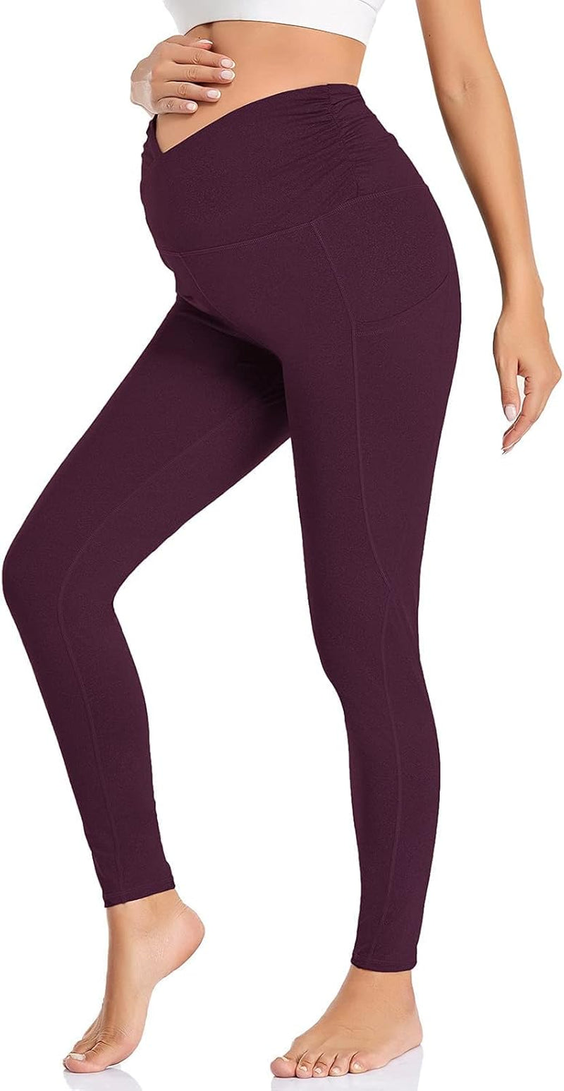 Womens Maternity Yoga Pants High Rise Cross Waisted Pregnancy Active Wear Workout Leggings with Pockets Dark Purple