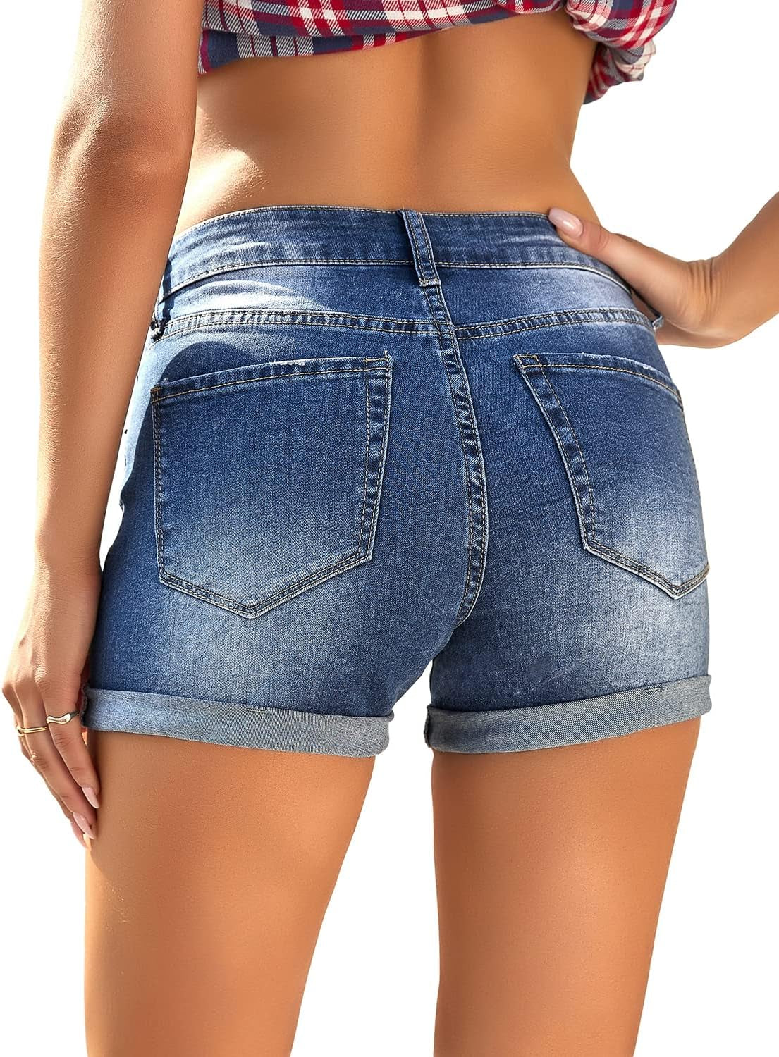 Women'S Ripped Denim Jean Shorts Stretchy Folded Hem Mid Waisted Short Jeans Denim Blue Size Large