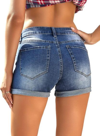 Women'S Ripped Denim Jean Shorts Stretchy Folded Hem Mid Waisted Short Jeans Denim Blue Size Large