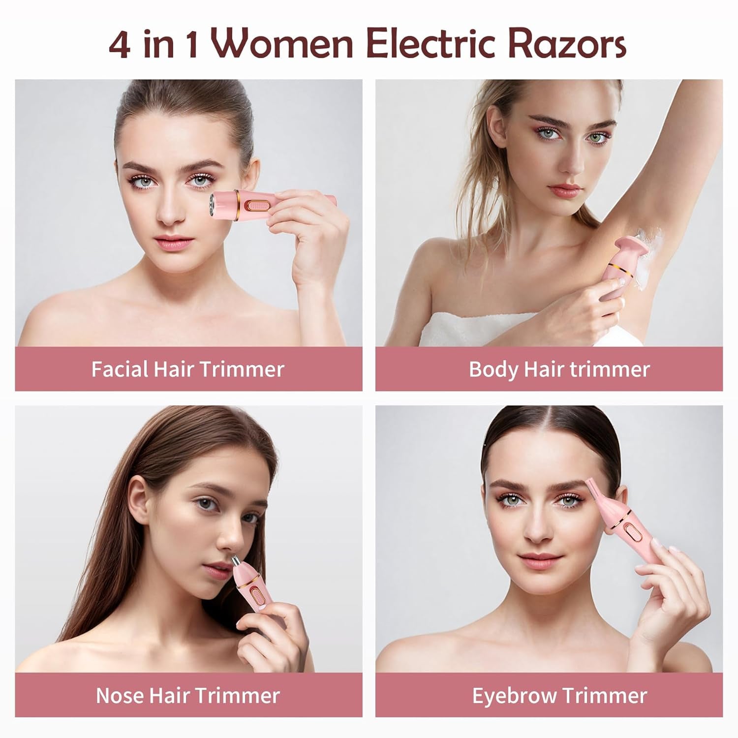 4 in 1 Women Electric Shavers, Hair Trimmer for Pubic, Legs, Arm, Underarm, Bikini, Face Shaver for Women, Rechargeable Hair Removal Epliators, Birthday, Christmas, Gifts (Pink)