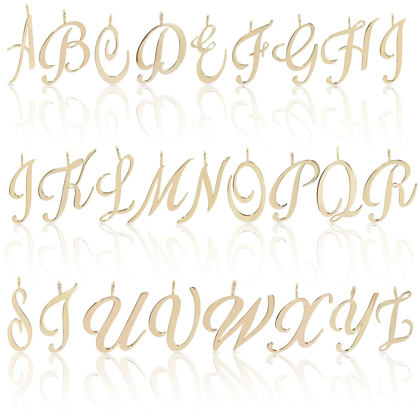 Gold cursive alphabet pendant pictured on a Large Letter Pendant display