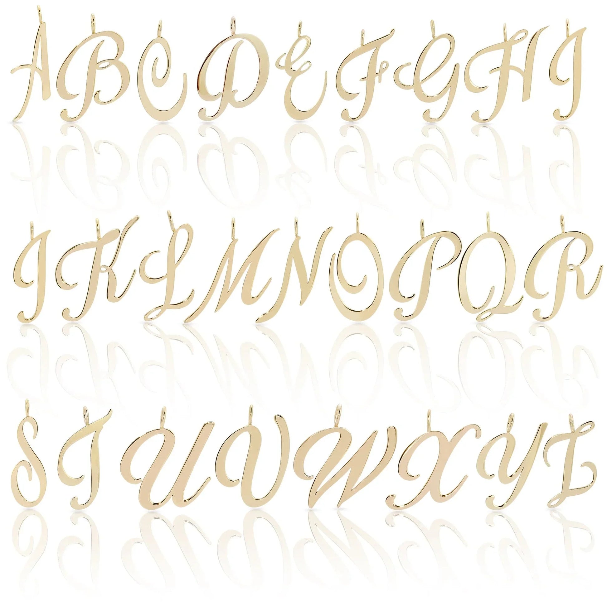 Gold cursive alphabet pendant pictured on a Large Letter Pendant display